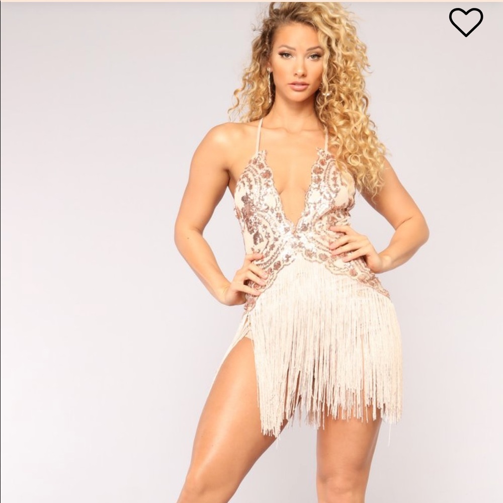 Fashion Nova Speakeasy Fringe Dress in Rose Gold